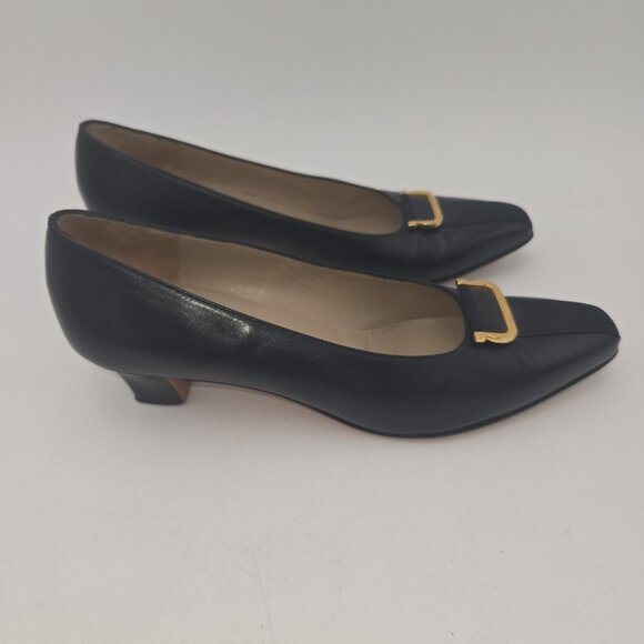 Salvatore Ferragamo Vara Pumps Navy Blue Leather 6 AA Gold Buckle Made Italy VTG - Picture 7 of 12
